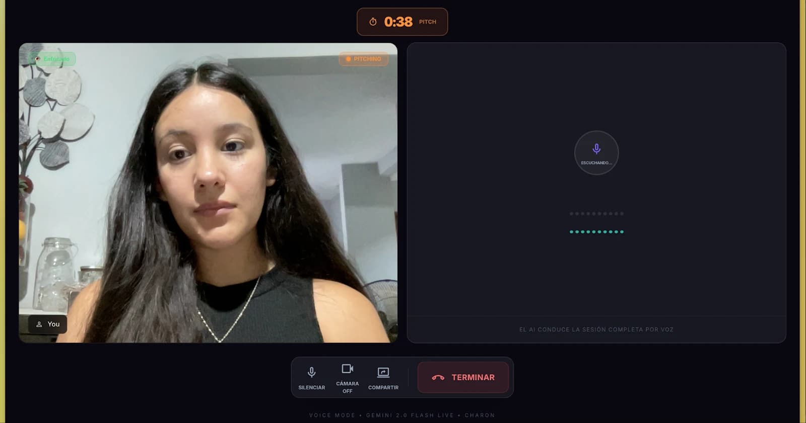 PitchPilot practice session with eye contact detected