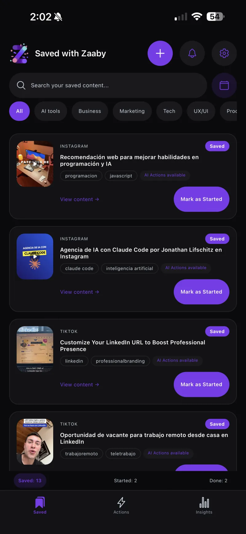 Zaaby saved-content library with filters, statuses, and suggested actions
