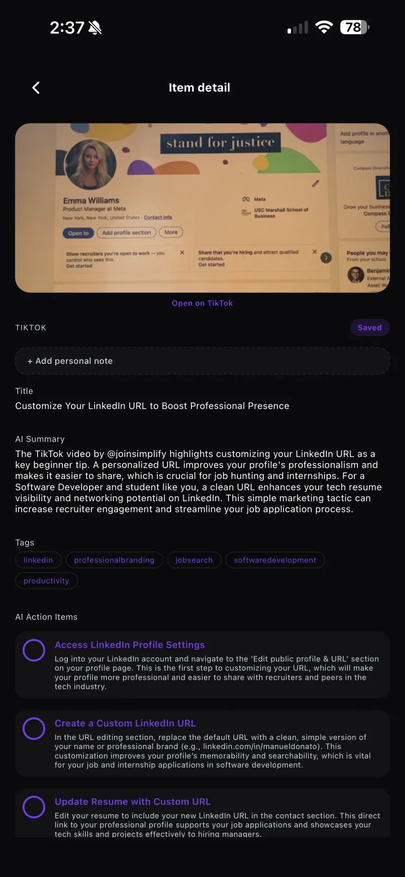 Zaaby content detail with an AI summary, tags, and action items